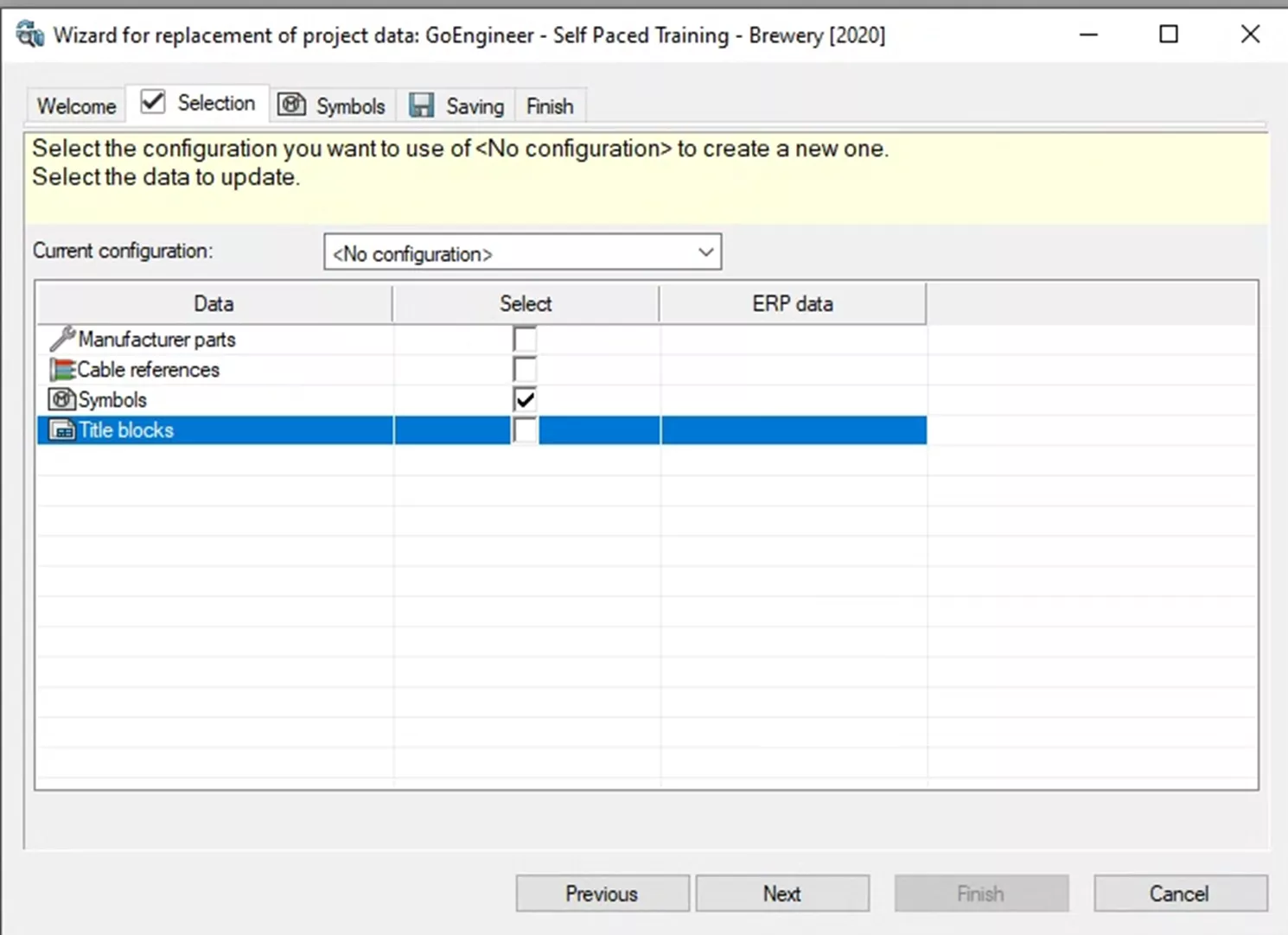 Symbol Selection in the SOLIDWORKS Electrical Wizard for Replacement of Project Data 