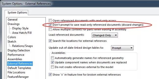 System Options External References Don't Prompt to Save Read-only Referenced Documents (Discard Changes) Options