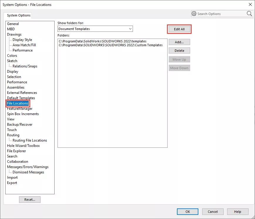 System Options File Locations SOLIDWORKS