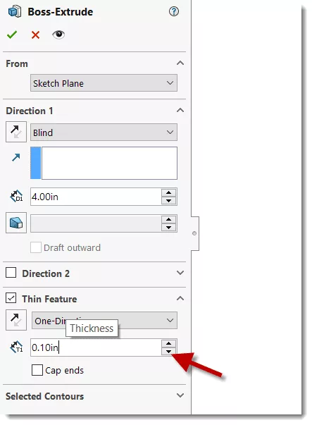 Thin feature to create a hollow cube in SOLIDWORKS.