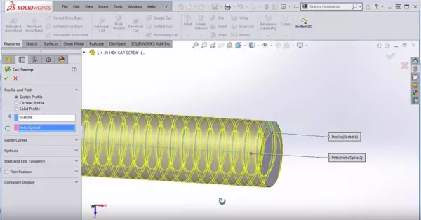 A final thread preview in SOLIDWORKS.