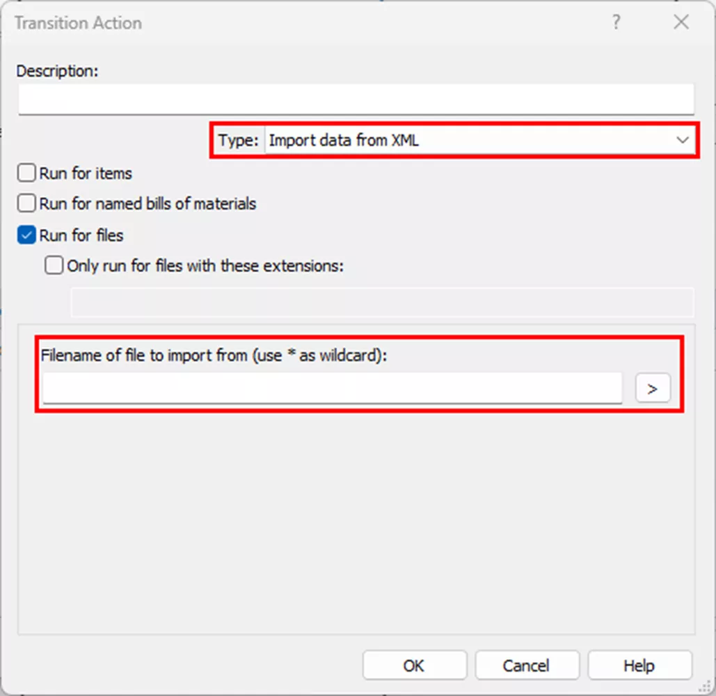 Transition Action Type Import Data from XML in SOLIDWORKS PDM 