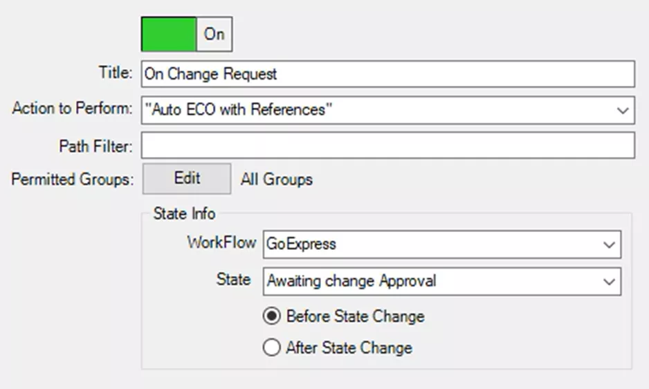 GoExpress SOLIDWORKS PDM Automation Trigger Items