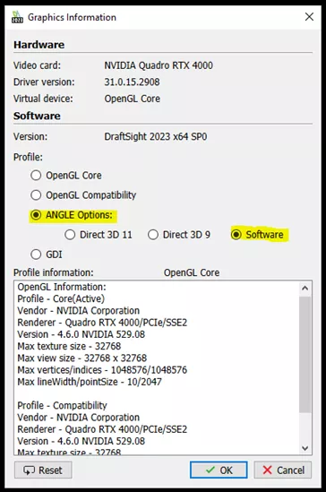 Graphics Information ANGLE Options for DraftSight Troubleshooting 