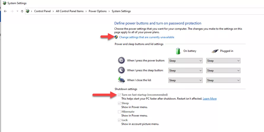 Windows Settings Turn Off Fast Startup