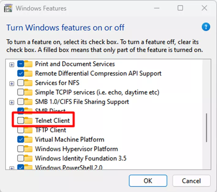 Turn Windows Features On or Off Dialog 