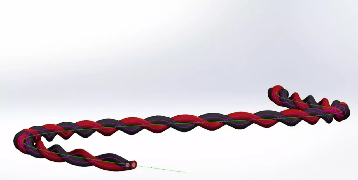 An example of a twisted sweep in SOLIDWORKS, a set of wires twisted together.