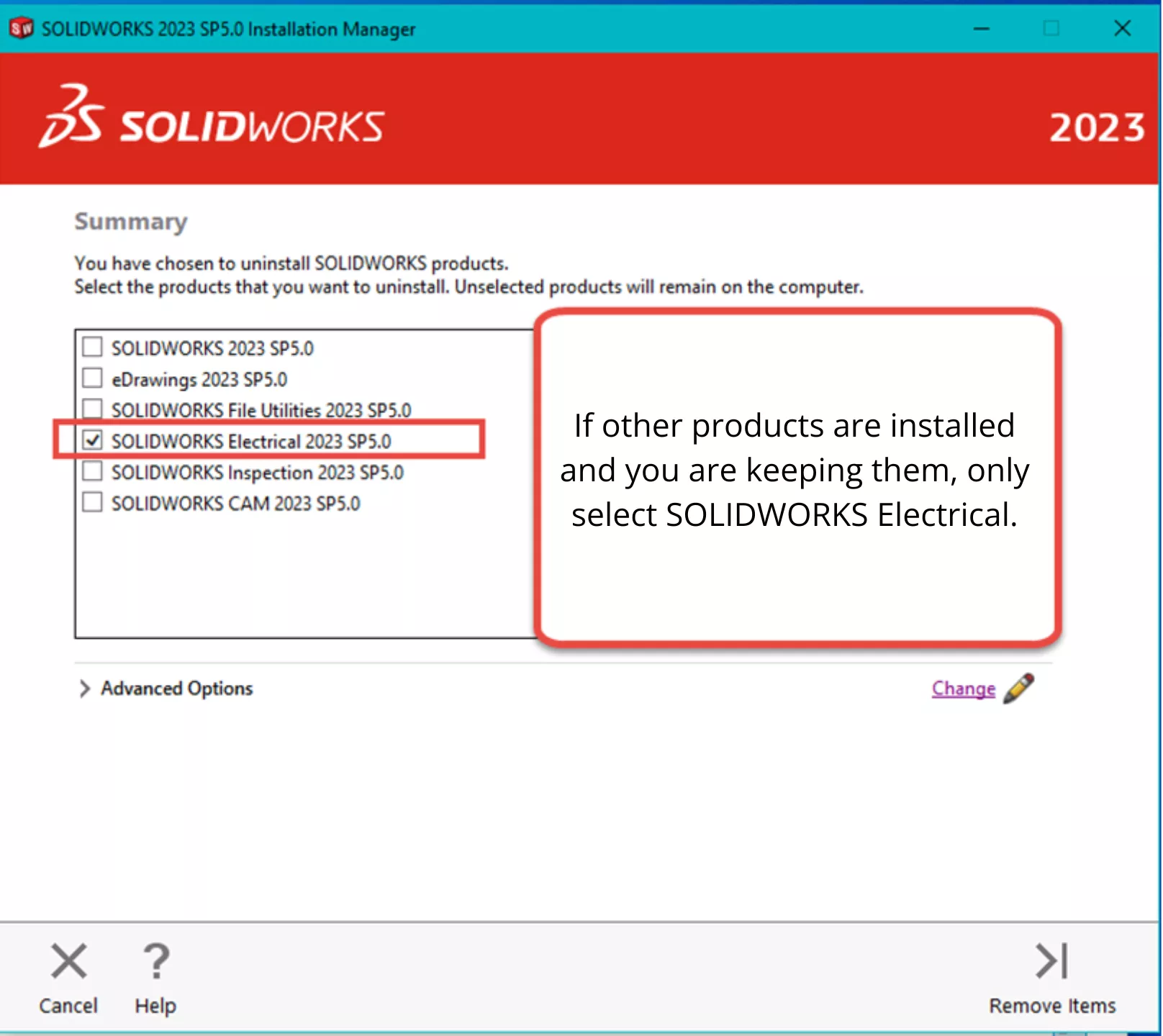 Uninstall SOLIDWORKS Electrical Only