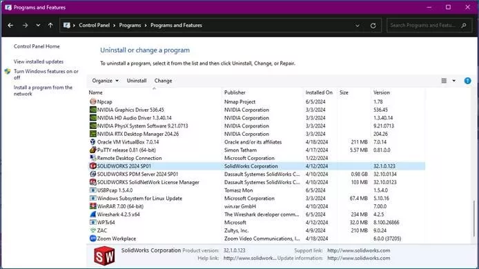 Select SOLIDWORKS 20XX SPX and then click Uninstall at the top of the list