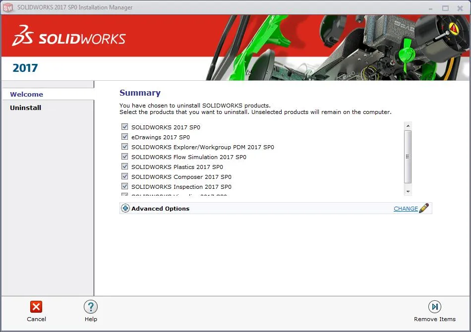 Uninstalling SOLIDWORKS Advanced Options
