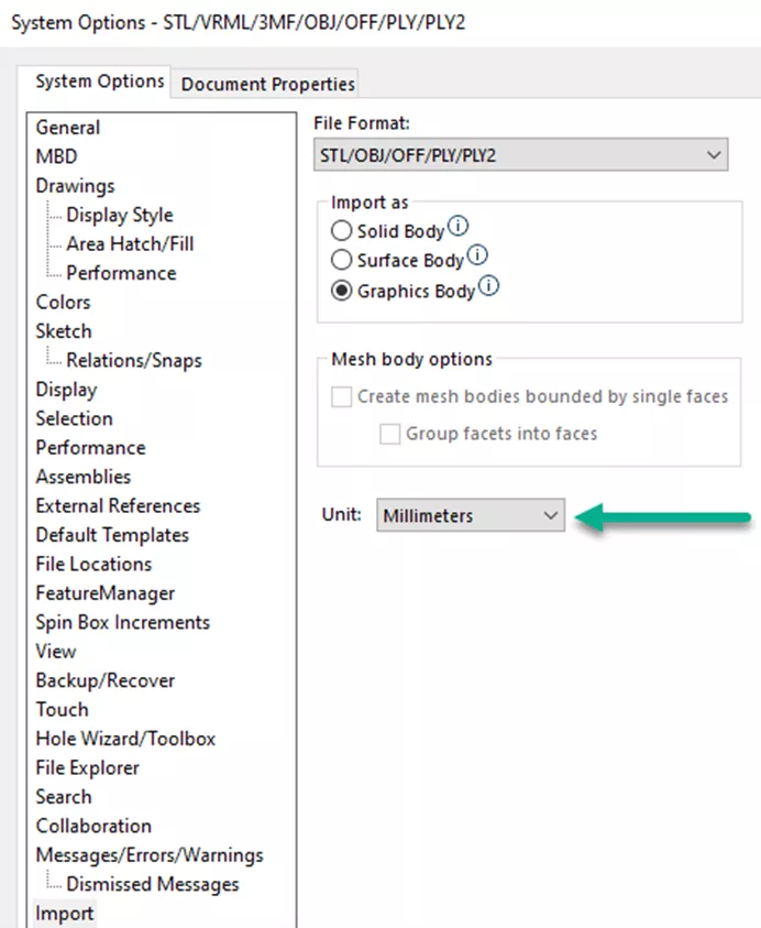 Units SOLIDWORKS STL Import Settings