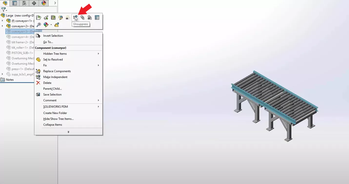 Unsuppress Components in SOLIDWORKS 