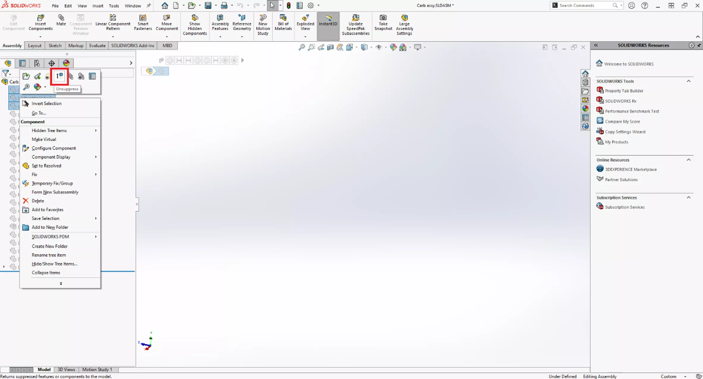 Unsuppress Option in SOLIDWORKS 