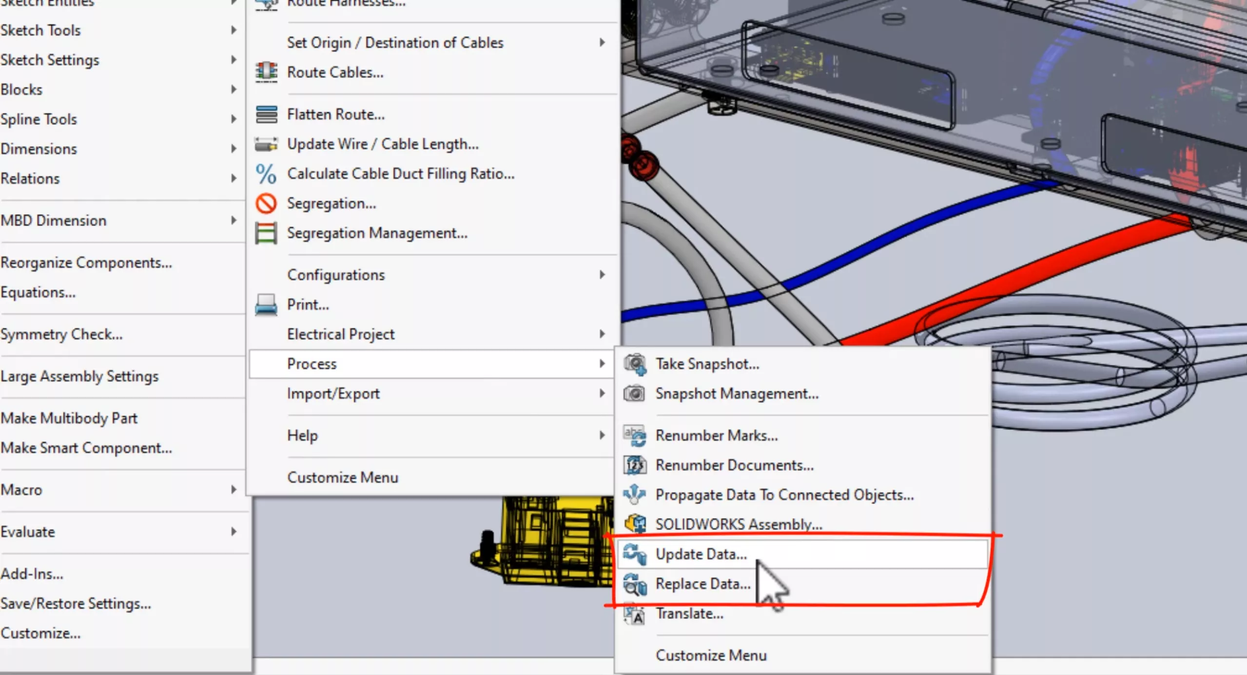 Update Data and Replace Data Options in the SOLIDWORKS Electrical Process Submenu