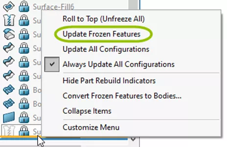 Update Frozen Features Option in SOLIDWORKS Freeze Bar Shortcut Menu 