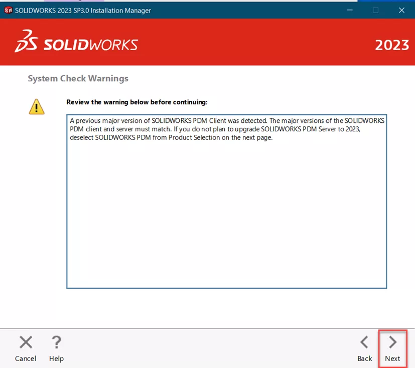 SOLIDWORKS System Check Warnings: A previous major version of SOLIDWORKS PDM Client was detected. 