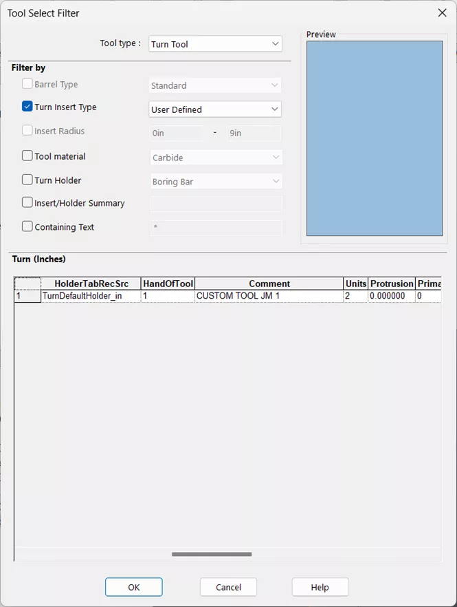 CAMWorks Tool Select Filter Turn Insert Type