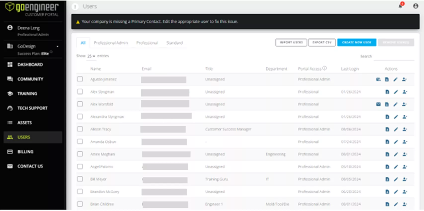 Users Page in the GoEngineer Customer Portal 