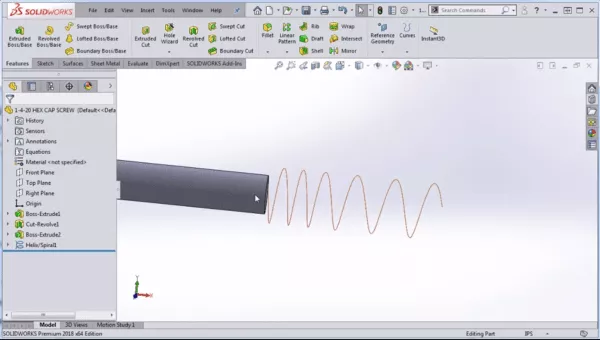 Variable pitch helix created in SOLIDWORKS as a full feature.