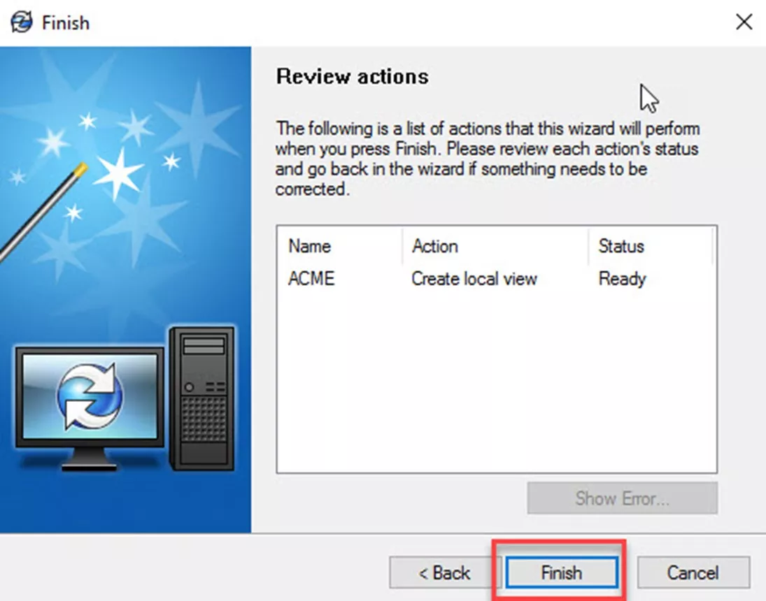 View Setup Wizard Review Actions