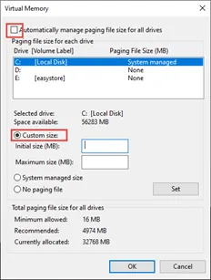 SOLIDWORKS Virtual Memory Automatically manage paging file size for all devices