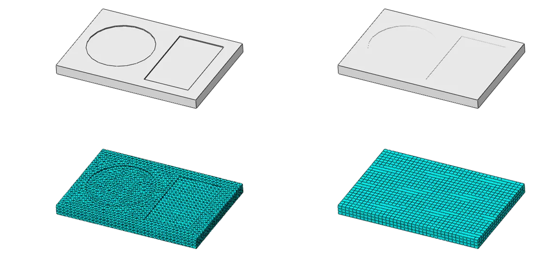 Abaqus/CAE virtual topology; left (no modification), right (virtual topology modification)