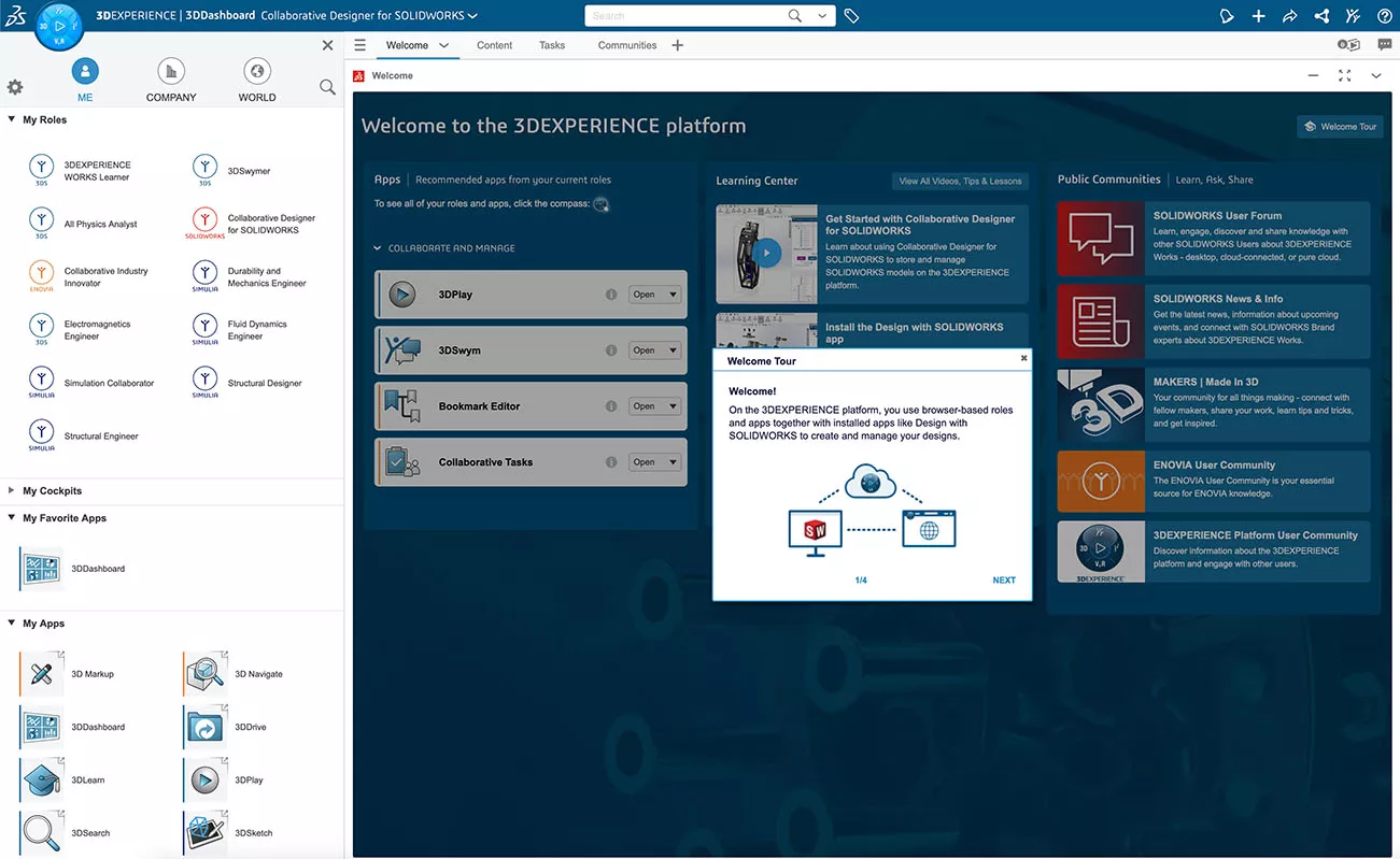 Check out the welcome dashboard for SOLIDWORKS users on the 3DEXPERIENCE Platform.