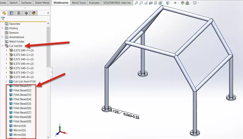 SOLIDWORKS Fillet Bead Features in the Weldment Cut List