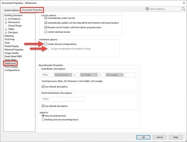 weldment configuration description strings