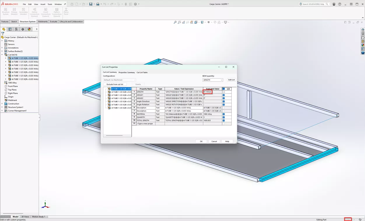 SOLIDWORKS 2024 Structure System Enhancements to Cut List Properties