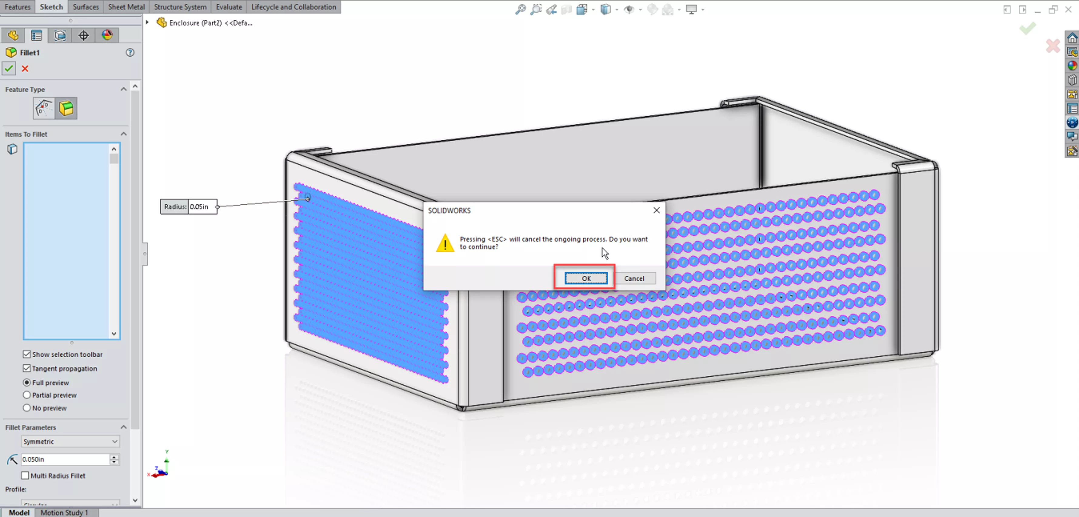 SOLIDWORKS 2026 Warning Pressing Escape Will Cancel the Ongoing Process