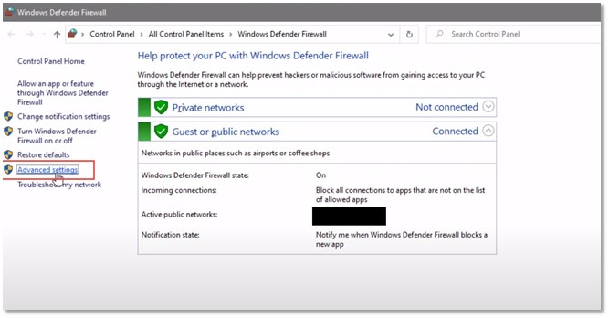 Windows Defender Firewall Control Panel Advanced Settings