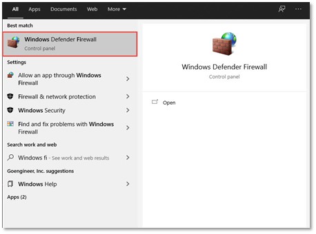 Windows Defender Firewall Control Panel