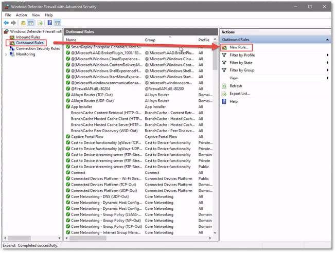 Windows Defender Firewall Outbound Rules 