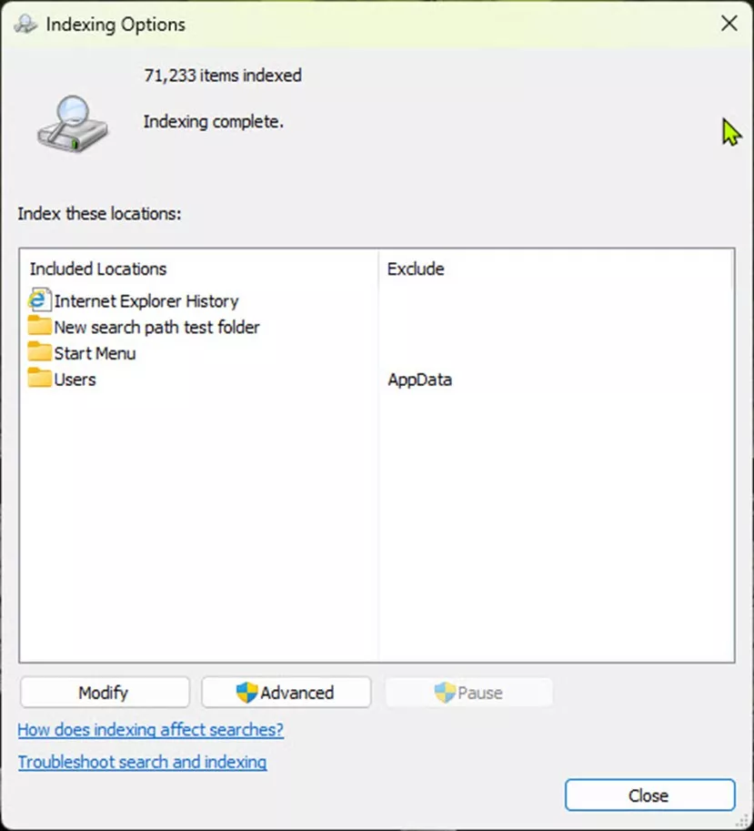 Windows Indexing Locations