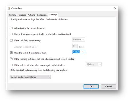 Create Task Dialog Box Settings Tab Options