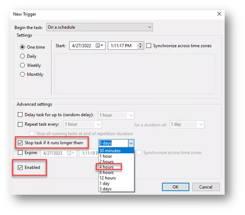 Windows Task Scheduler New Trigger Dialog Box Options