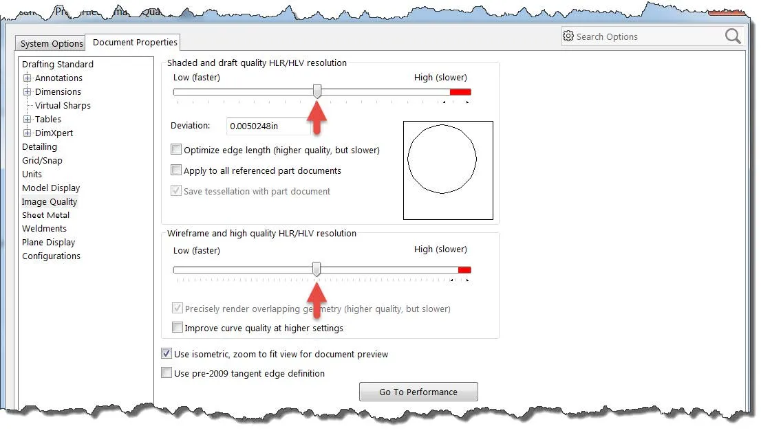 Adjust image quality settings in SOLIDWORKS