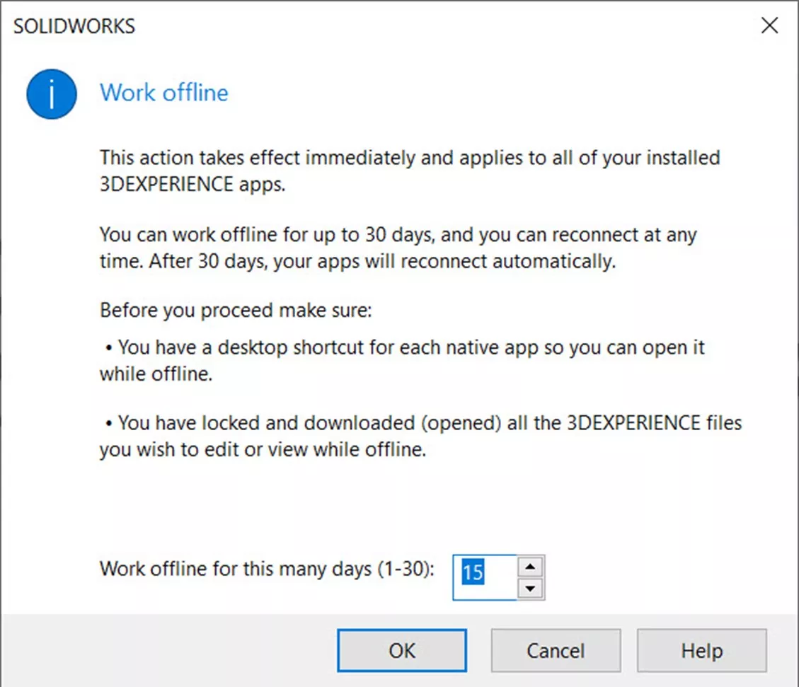 Work Offline SOLIDWORKS Dialog Box 