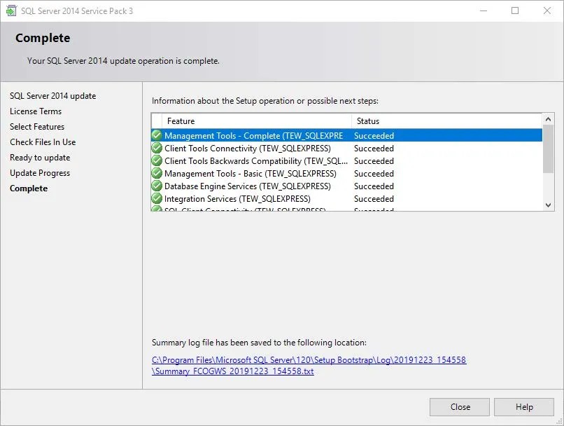 Your SQL Server 2014 update operation is complete screen